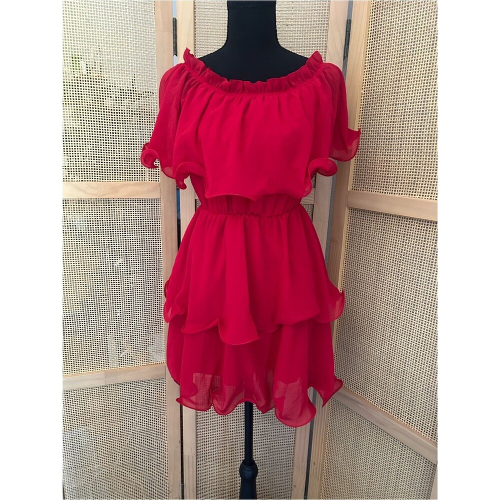 PrettyLittleThing Red Ruffle Off Shoulder Mini Dress Size 4 Chiffon NWT